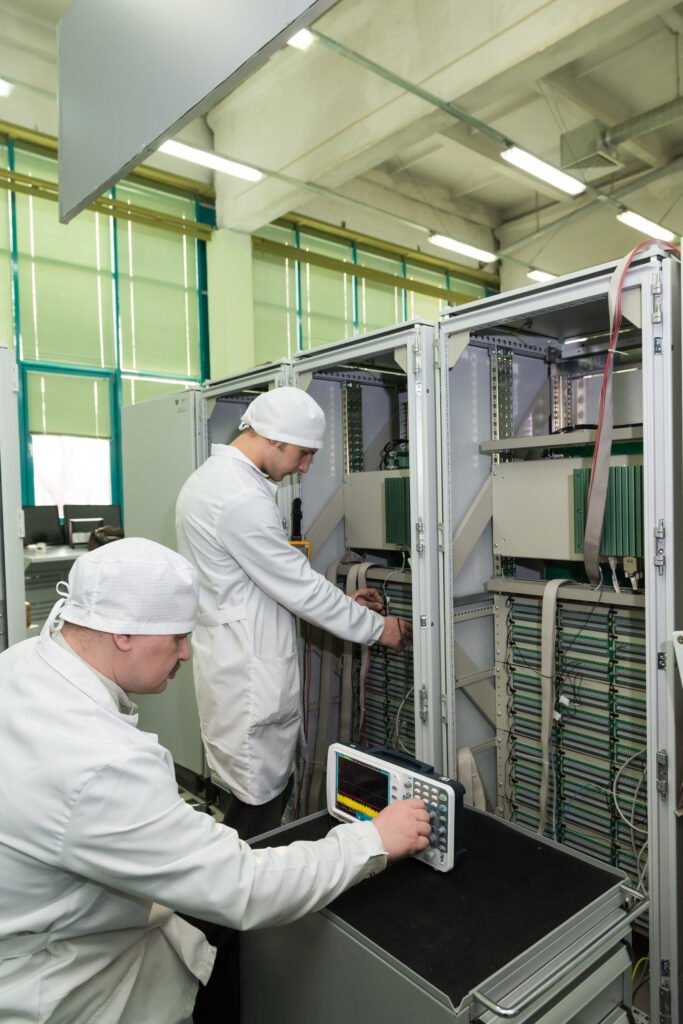 Testing of electronic components at high tech factory